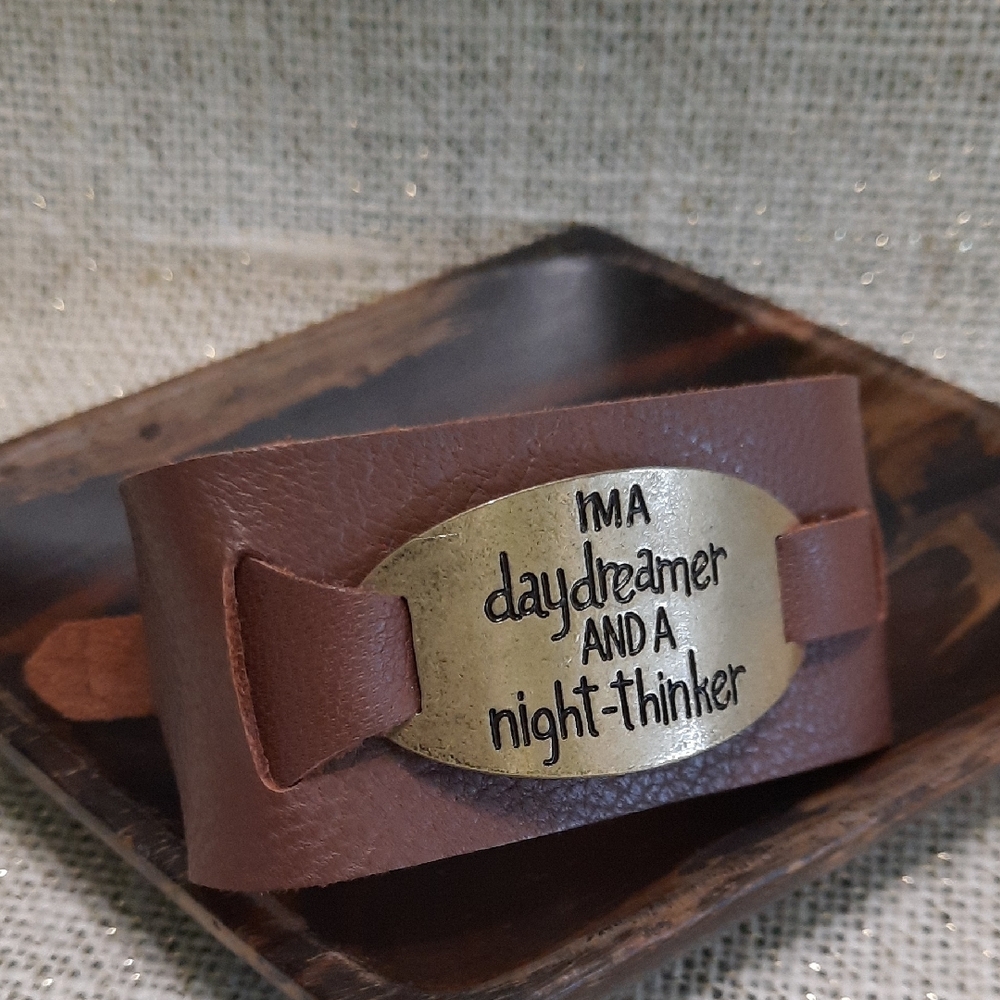 Brown Leather Bracelet with Antique Bronze Quote Oval